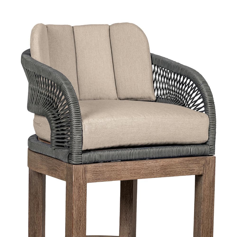 26" Weathered Eucalyptus Outdoor Counter Stool with Gray Rope and Taupe Cushions