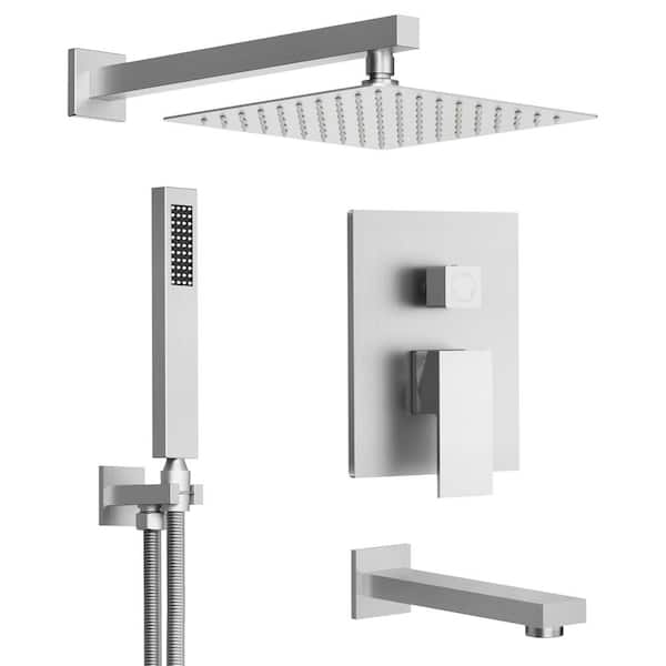GRANDJOY 3-Spray Square High Pressure Wall Bar Shower Kit Tub and Shower Faucet in Brushed Nickel (Valve Included)