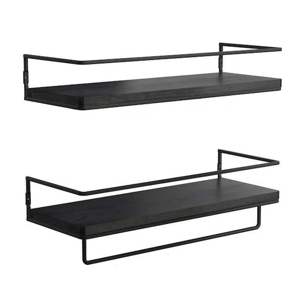 ZGO Floating Shelves for Wall Set of 2, Wall Mounted Storage Shelves with  Black Metal Frame and Towel Rack for Bathroom, Bedroom, Living Room