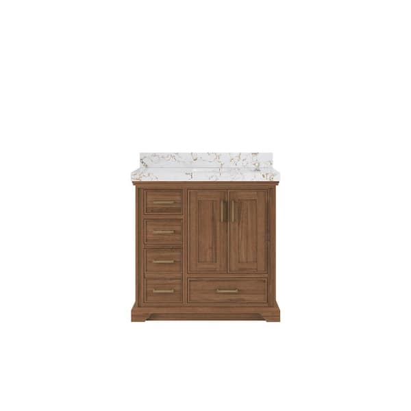 Willow Collections Charlotte Teak 36 in. W x 22 in. D x 36 in. H Right Offset Sink Bath Vanity in Dark Natural with 2 in. Viola Gold Top
