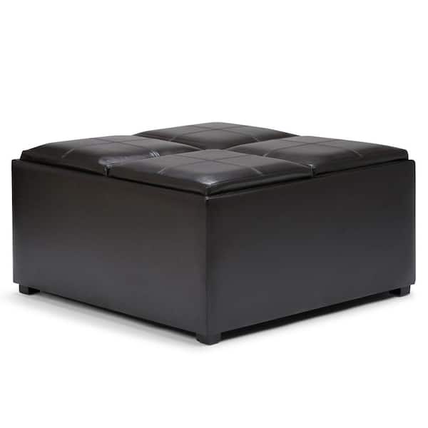 Simpli Home Avalon 35 in. Contemporary Square Storage Ottoman in Tanners Brown Faux Leather