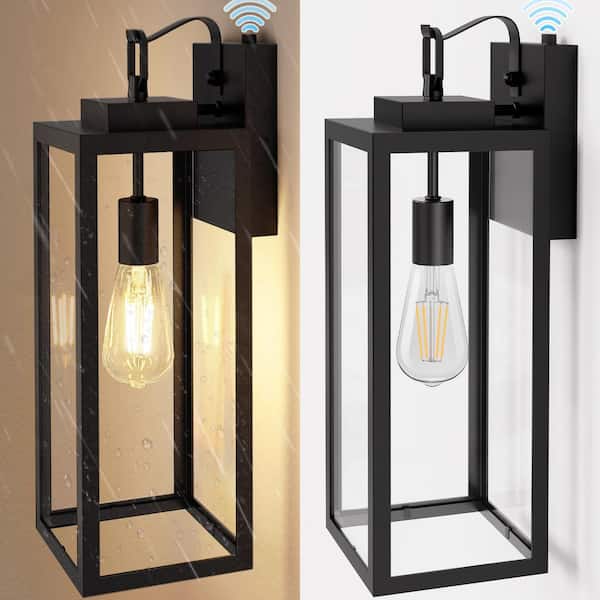 YANSUN 18 in. 1-Light Black Large Waterproof Dusk to Dawn Outdoor Hardwired Wall Lantern Sconce with Clear Glass Shade(2-Pack)
