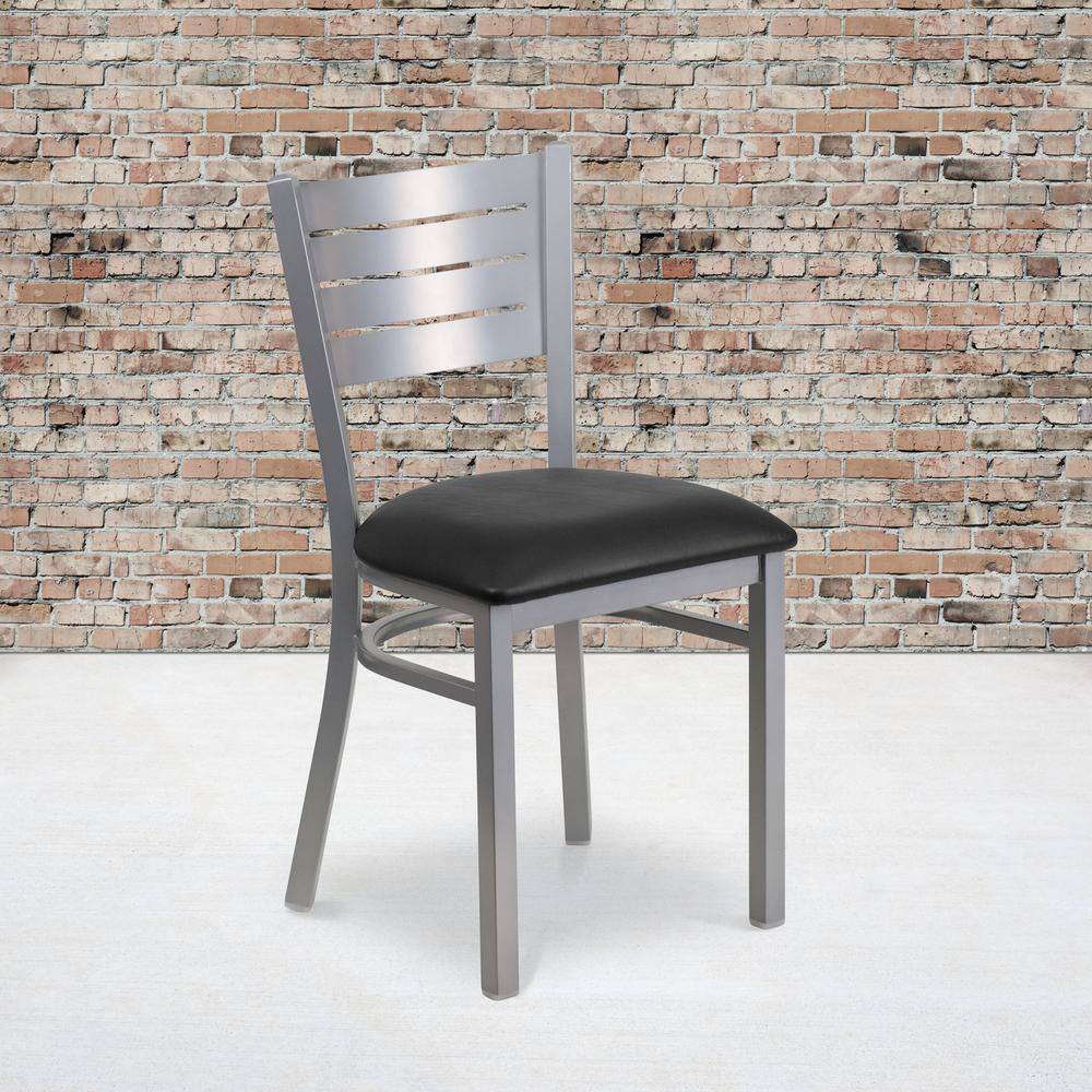 Elevated Slat Back Silver Steel Side Chair with Black Vinyl Seat