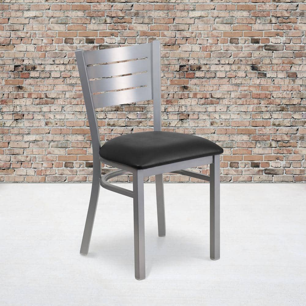 Elevated Slat Back Silver Steel Side Chair with Black Vinyl Seat