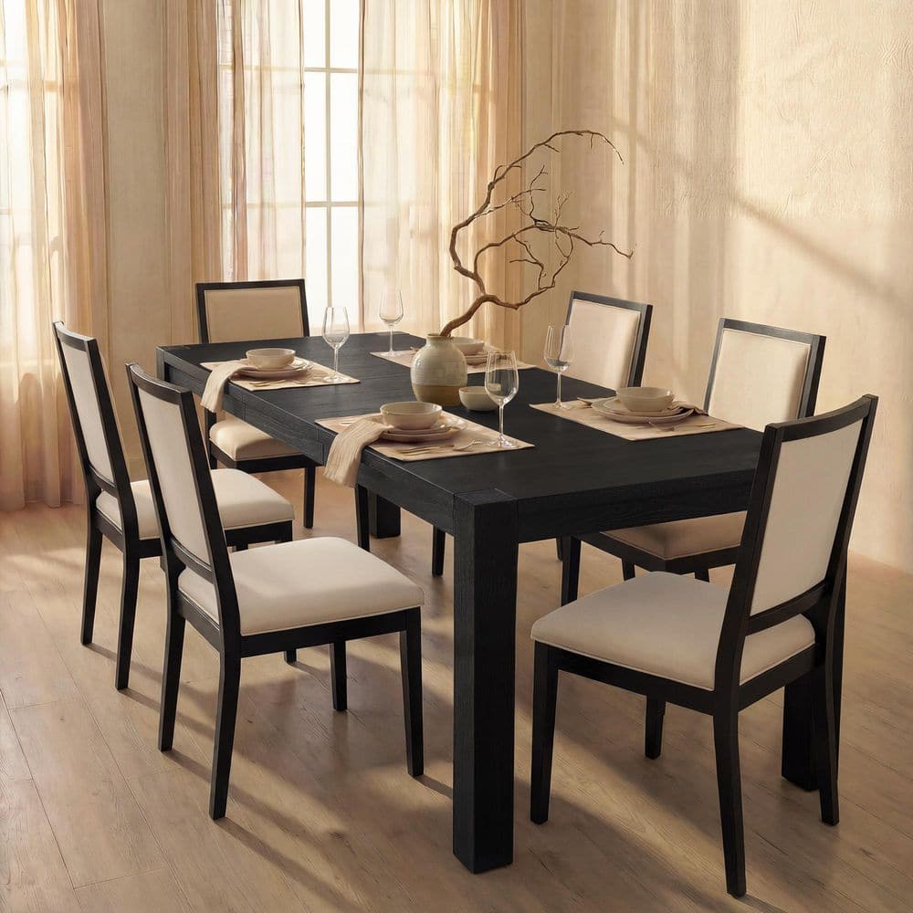 7-Piece Black Expandable Rectangular Wood Top Dining Table Set with Upholstered Linen Chairs for Kitchen Dinner 6 Seats