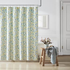 Nora 1-Piece Blue Floral Cotton 72 in. x 72 in. Shower Curtain