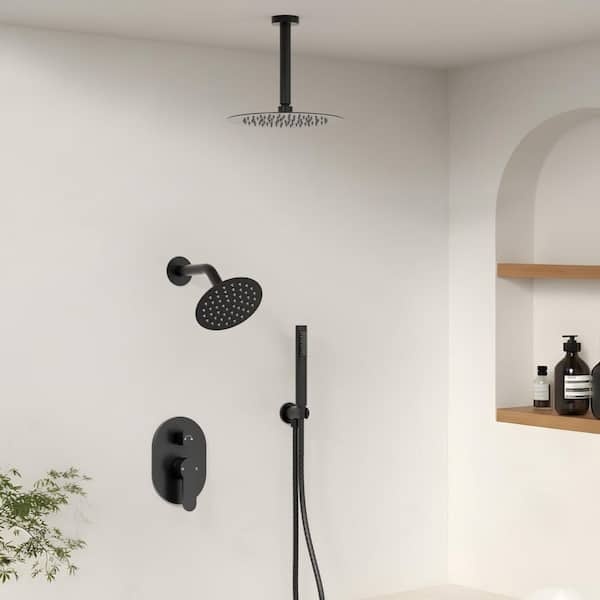 YAWWALK 3-Spray 10 and 6 in. Dual Shower Heads Ceiling Mount and Handheld Shower Head in Matte Black (Valve Included)