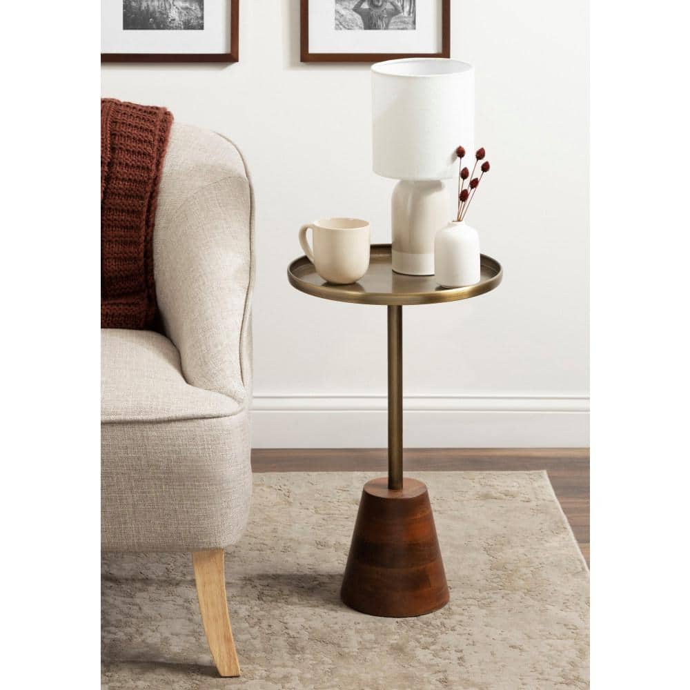 Walnut Brown and Brass Round Side Table with Wood Base