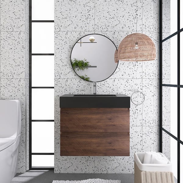JimsMaison 30 in. W x 18 in. D x 25 in. H Wall Mounted Bath Vanity in Walnut with Black Quartz Sand Top