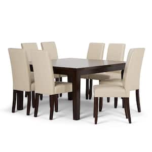 Acadian Transitional 9-Piece Dining Set with 8 Upholstered Parson Chairs in Satin Cream Faux Leather and 54 in. W Table