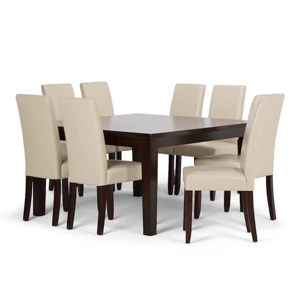 Simpli Home Acadian Transitional 9-Piece Dining Set with 8 Upholstered Parson Chairs in Satin Cream Faux Leather and 54 in. W Table