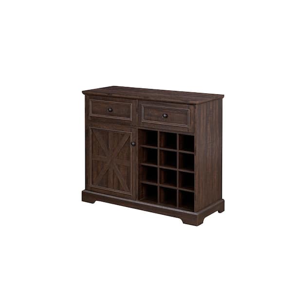 Tileon Espresso MDF Barn Door Wine Bar Cabinet, Farmhouse Buffet Sideboard Cabinet with 12-Bottle Wine Rack and 2-Drawers