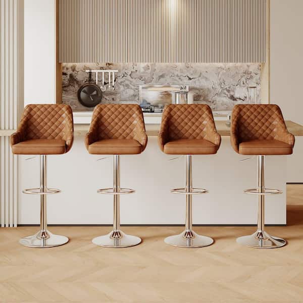 37.4 Bar Stools (Set of 4) with Back, Adjustable Counter Height Bar Chairs for Kitchen Island, Brown PU Metal Barstool