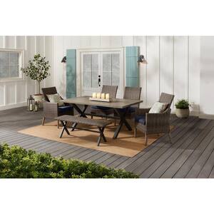 Rock Cliff 6-Piece Brown Wicker Outdoor Patio Dining Set with Bench and CushionGuard Midnight Navy Blue Cushions