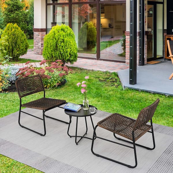 Unbranded Outdoor Patio Furniture Set 3 Piece Mixture Pattern PE Rattan Steel Frame And Modern Round Table, Brown and Black