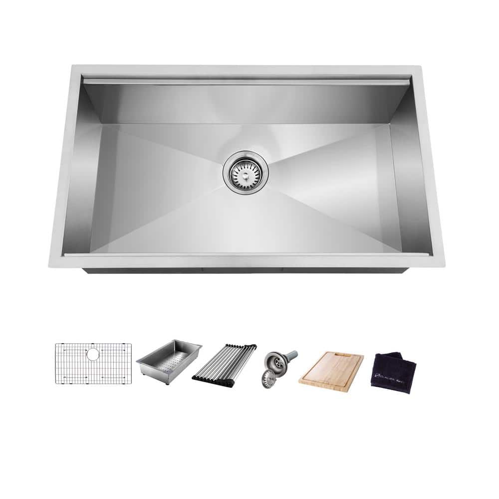 Glacier Bay Zero Radius Undermount 18G Stainless Steel 27 in. Single Bowl Workstation Kitchen Sink with Accessories, Silver