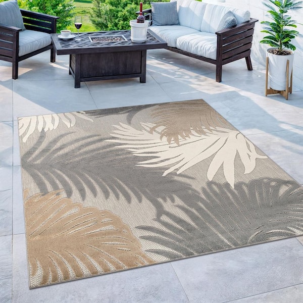 Contemporary Tropical Large Floral Gray 6 ft. 6 in. x in. 6 ft. 6 in. Square Indoor/Outdoor Area Rug