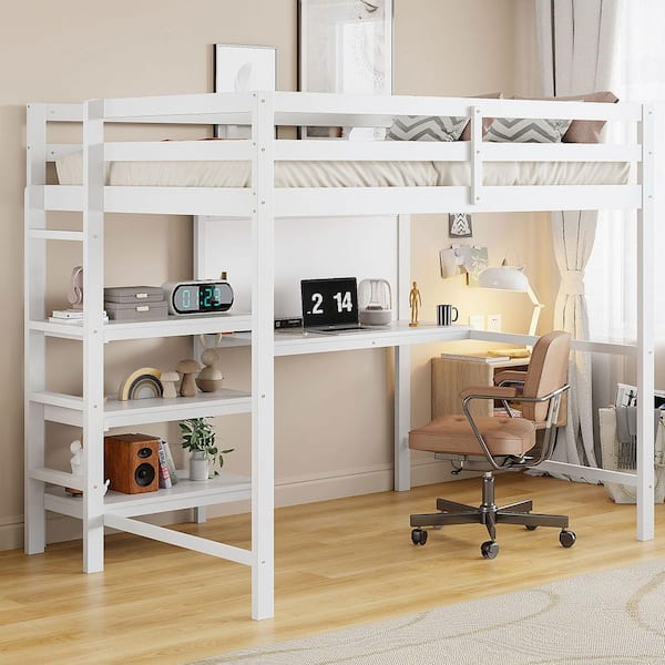 Polibi White Twin Wood Loft Bed with Shelves, Desk and Writing