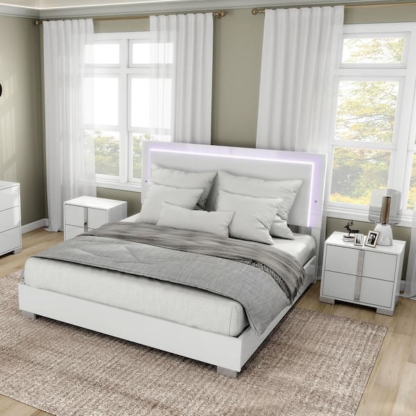 Mesala 3-Piece White Wood Frame King Panel Bedroom Set with LED Light on Headboard, Chrome Accents and Legs