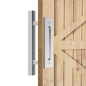 12 in. Stainless Steel Square Pull and Flush Sliding Barn Door Handle Set