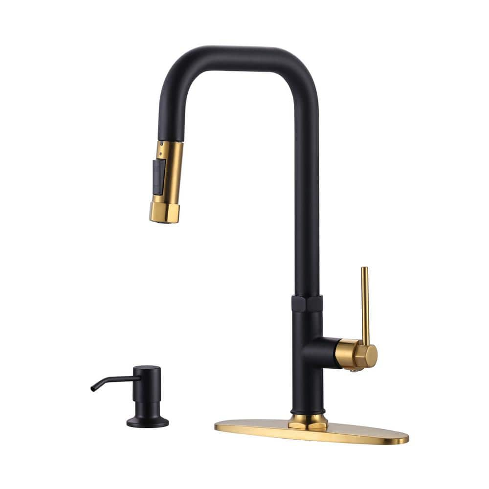 Single-Handle Pull Down Sprayer Kitchen Faucet with Pull Out Spray Wand and Soap Dispenser in Gold and Black -  ALEASHA, AL-1A73GB-S