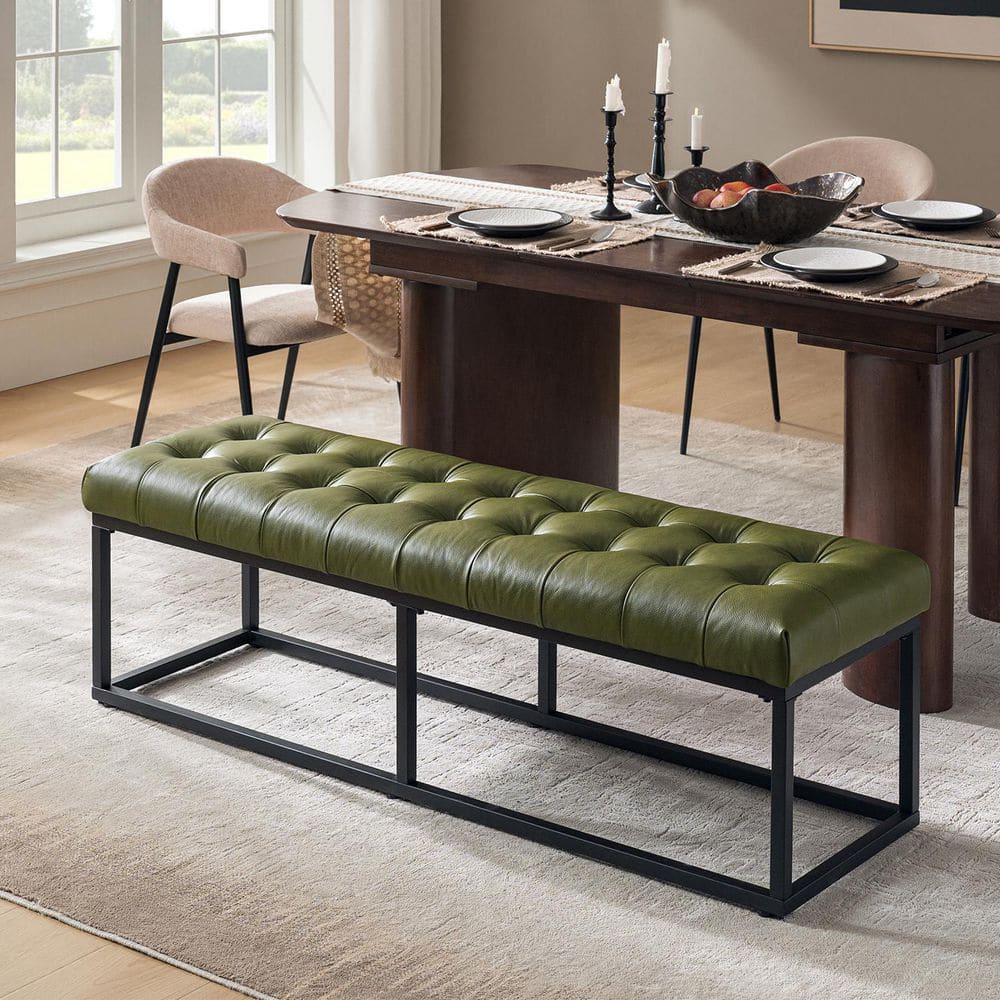 Gabino Moss 60 in. Wide Genuine Leather Bedroom Bench with Metal Base