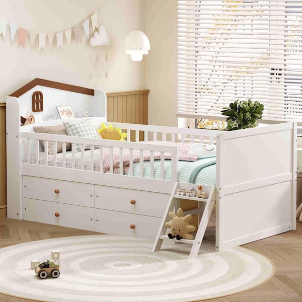 White Pine Wood Frame Twin Platform Bed with Storage, 4-Drawer, Guardrail Headboard and Ladder