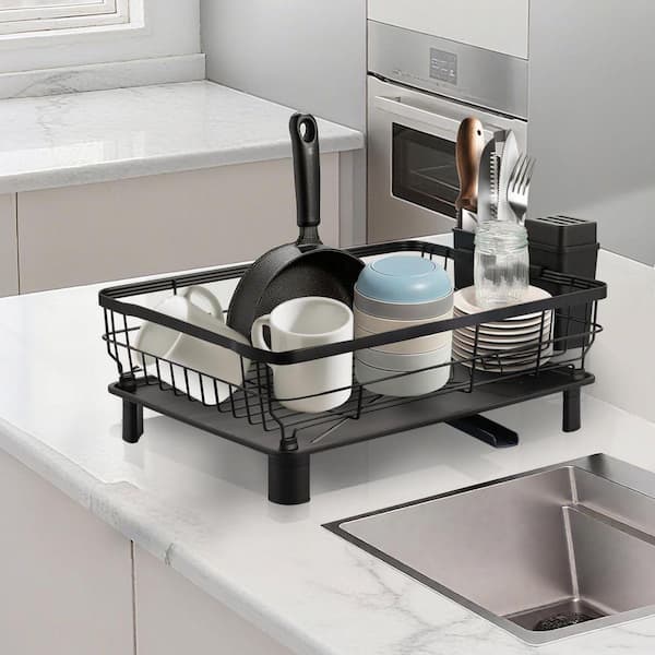 Matte Black Kitchen Dish Rack with Drainboard and Utensil Holder