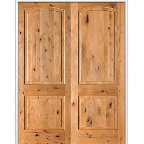 64 in. x 96 in. Rustic 2-Panel Arch Top Universal Cedar Stain Knotty Alder Wood Double Prehung Interior Door
