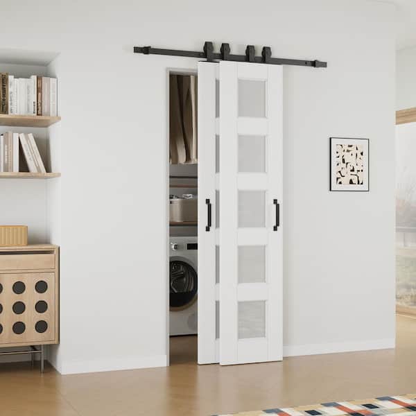 EH PUERTA 28 in. x 80 in. (Double 18 in. ) 5-Lite Frosted Glass White Primed MDF Sliding Barn Door with Hardware Kit Bypass