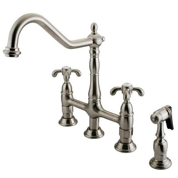 Kingston Brass Victorian Cross 2-Handle Bridge Kitchen Faucet with Side Sprayer in Brushed Nickel