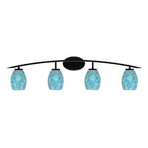 Siena 40 in. 4-Light Matte Black Vanity-Light with 5 in. Turquoise Fusion Glass Shades No Bulbs Included