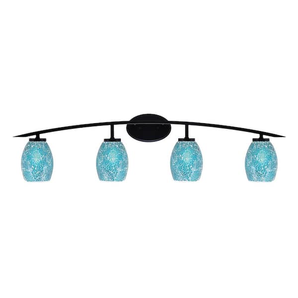 Unbranded Siena 40 in. 4-Light Matte Black Vanity-Light with 5 in. Turquoise Fusion Glass Shades No Bulbs Included