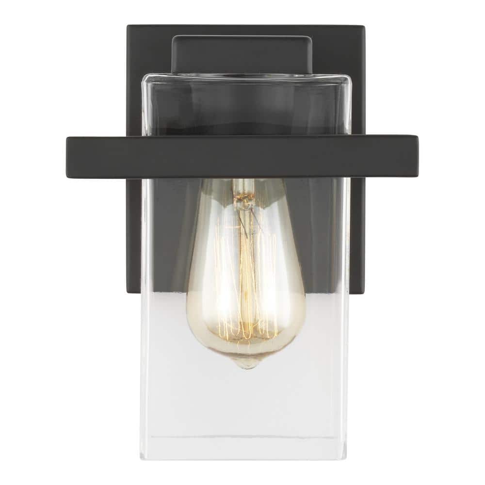 Midnight Black 1-Light Outdoor Vanity Sconce with Clear Glass Shade