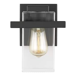 Mitte 6.5 in. 1-Light Matte Black Industrial Transitional Wall Sconce Vanity Light with Clear Glass Shade Panels