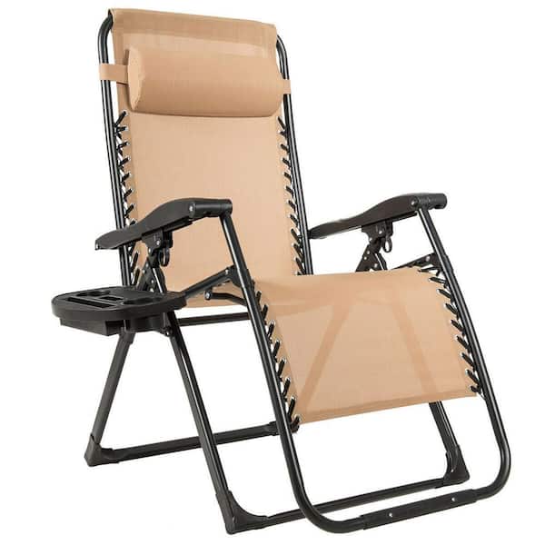 Beige Metal Adjustable Outdoor Recliner Patio Folding Lounge Chair with Cup Holder