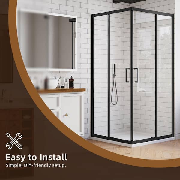 VEVOR 35x35x72 Inch Corner Shower Enclosure – Framed Double Sliding Glass Door, 1/4” Clear Tempered Glass, Matte Black Frame With Magnetic Seal & Ball-Bearing Rollers