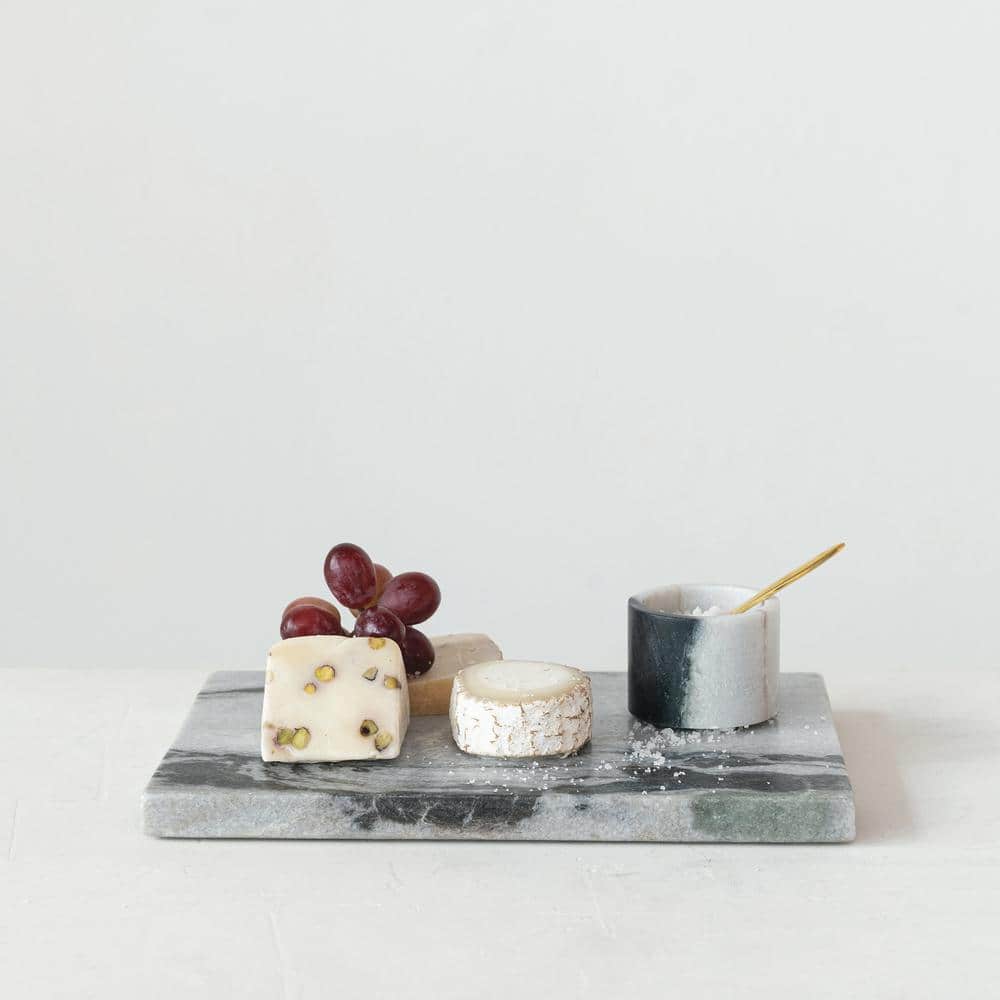 Black and White Marble Salt Cellar with Brass Spoon Set