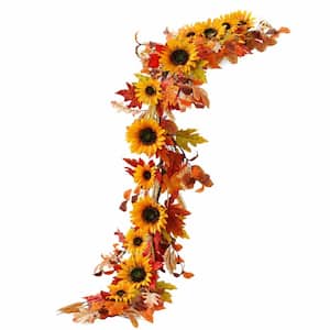 UUDULY 6 ft. Orange Artificial Sunflower Garland with 12 Silk Flowers and Lush Leaves for Weddings and Home Decor