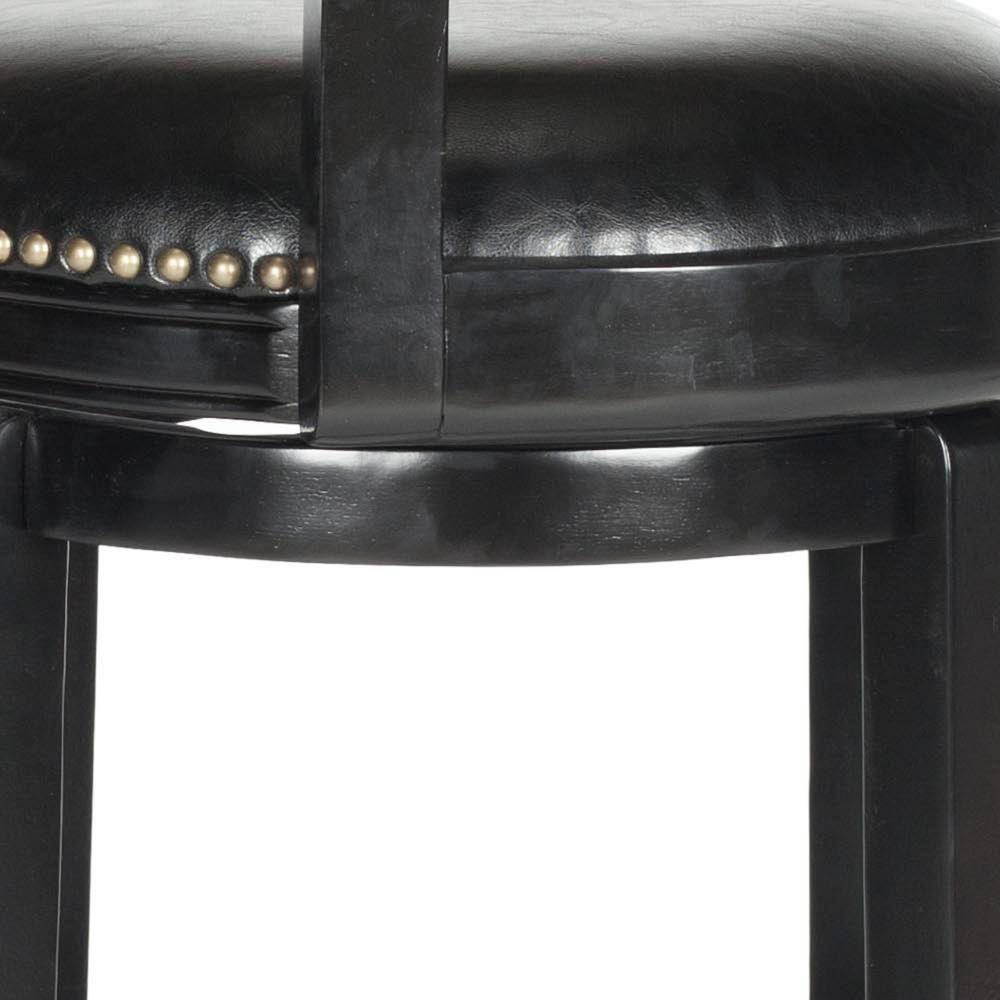 Black Leather and Wood Swivel Bar Stool with Nailhead Trim