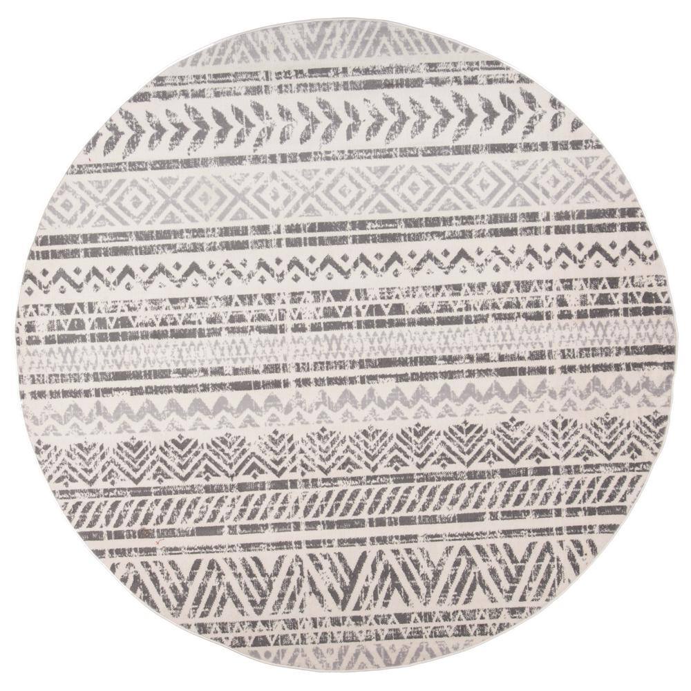 Gray Geometric Distressed Round Synthetic Area Rug 6'6"