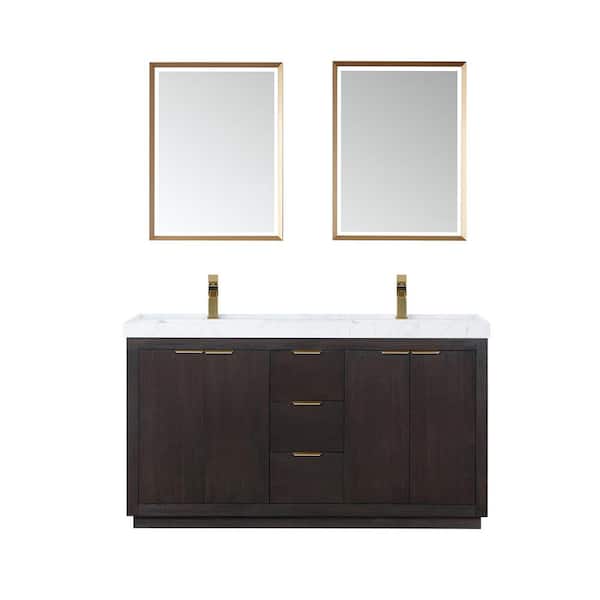 ROSWELL Leiza 60 in. W x 22 in. D x 34.2 in. H Double Sink Bath Vanity in Walnut with White Composite Grain Top and Mirror