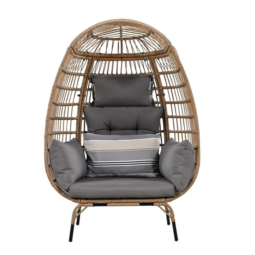 Gold Wicker Patio Swing Freestanding Egg Chair With Gray Cushions for Courtyard, Garden, Balcony -  Zeus & Ruta, WQD28-382