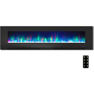 78 in. Wall-Mount Electric Fireplace in Black with Multi-Color Flames and Crystal Rock Display