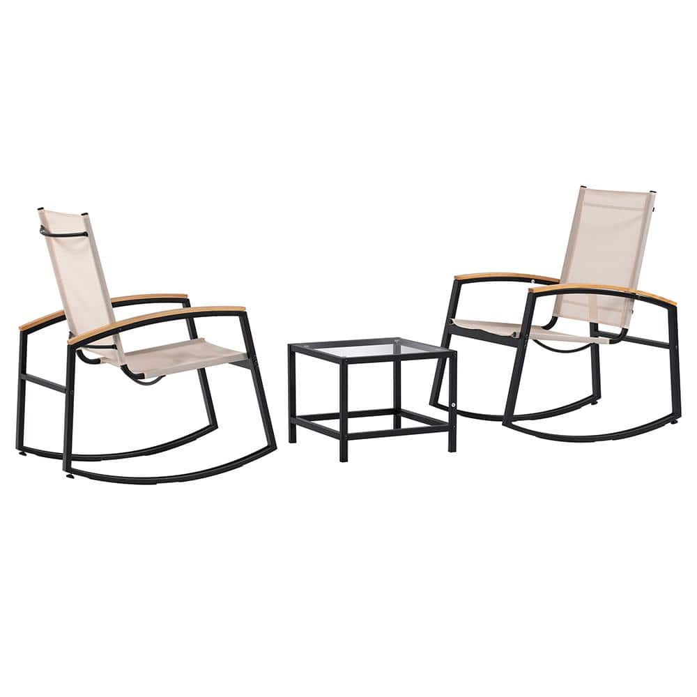 3-Piece Black Metal Patio Conversation Set, Weather Resistant Rocking Chair