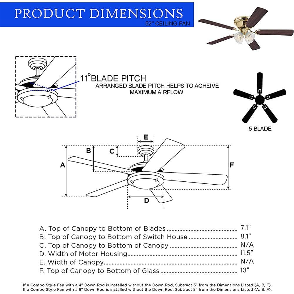 52'' Polished Brass Ceiling Fan with LED Lights and Reversible Blades