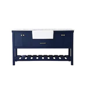 Timeless Home 60 in. W x 22 in. D x 34.13 in. H Single Bathroom Vanity Side Cabinet in Blue with White Marble Top