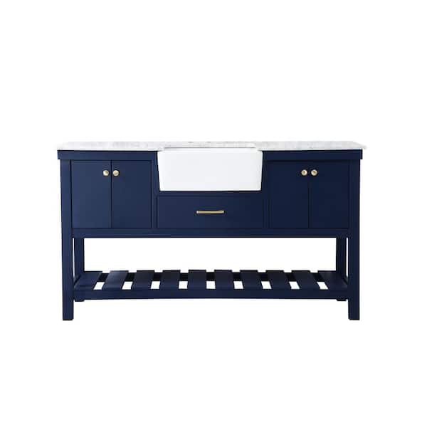 Unbranded Timeless Home 60 in. W x 22 in. D x 34.13 in. H Single Bathroom Vanity Side Cabinet in Blue with White Marble Top