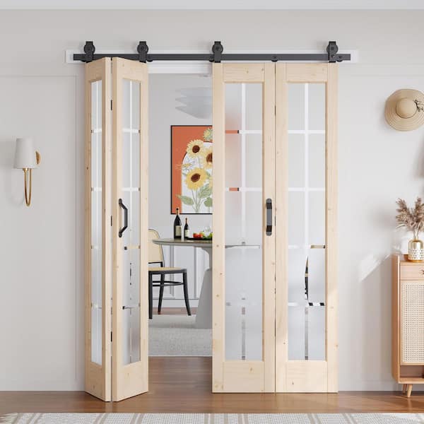 56 in. x 84 in. Full Lite Pre Assembled Frosted Glass Brown Unfinished Solid Core Wood Bi-fold Door with Hardware