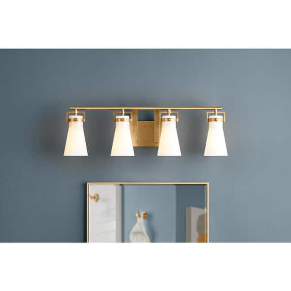 Clermont 30.75 in. 4-Light Satin Brass Bathroom Vanity Light with Milk Glass Shades